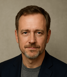 Portrait of a man with short hair and beard.