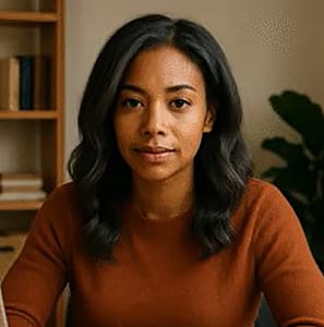Woman in brown sweater sitting indoors.